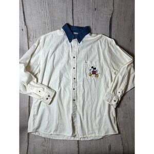Disney Vintage Button Down Women XL Cream Mickey Mouse Denim Collar 90s Retro